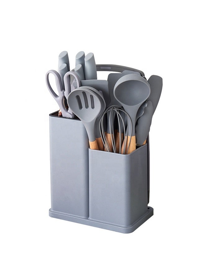 مجموعة أدوات طهي مكونة من 19 قطعة، مجموعة سكاكين المطبخ، تتضمن ملقطًا وملعقة وملعقة مسطحة ومقلاة، مقاومة للحرارة، آمنة غذائيًا، مقابض من السيليكون والخشب، مجموعات سكاكين المطبخ غير اللاصقة وأدوات المائدة - Image 1